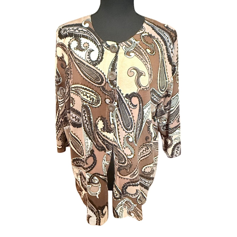 Hampshire Studio Paisley Cardigan Women 1X Brown Excellent‎ 3/4 Sleeve Knit